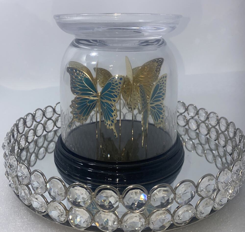 Bath & Body Works Butterfly Cloche Glass 3-Wick Candle Holder Pedestal Blue/New